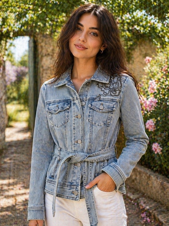 White House Black Market Jackets & Blazers - White House Black Market Embroidered Denim Jacket XS Belted Floral Detail